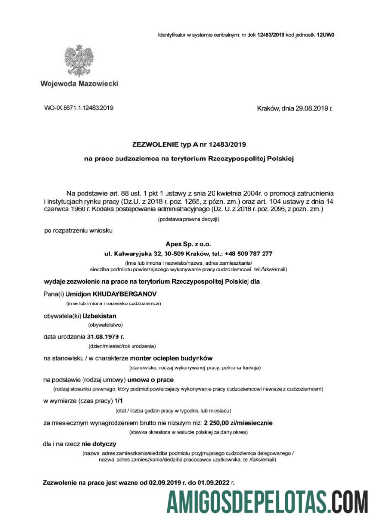 Certificado de Trabalho Estrangeiro da Polônia modelo